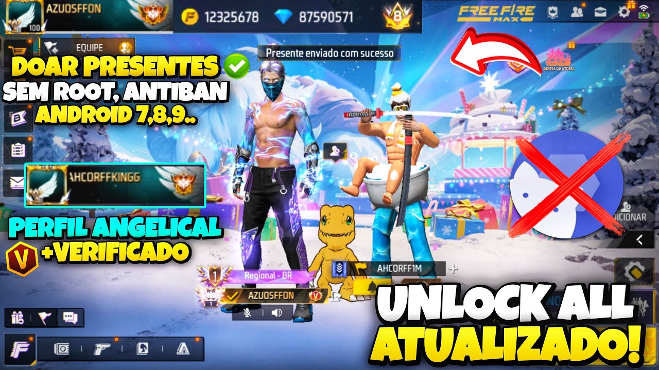 (ENVIANDO PRESENTES🎁) COMO COLOCAR UNLOCK ALL NO FREE FIRE, PEGANDO NA PARTIDA | LIBERE SKINS GRÁTIS