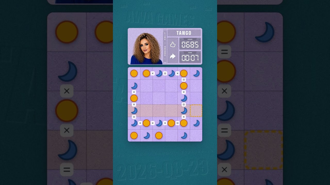 LinkedIn Tango #685 solved board for August 23, 2026, 6x6 grid