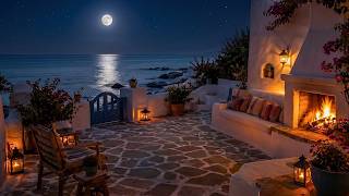 Moonlit Coastal Patio Escape 🌙 Ocean Waves, Fire Crackles & Relaxing Night Sounds for Restful Sleep