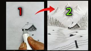 Easy Winter Landscape Drawing with Pencil | Snow Mountain Cabin Scenery for Beginners