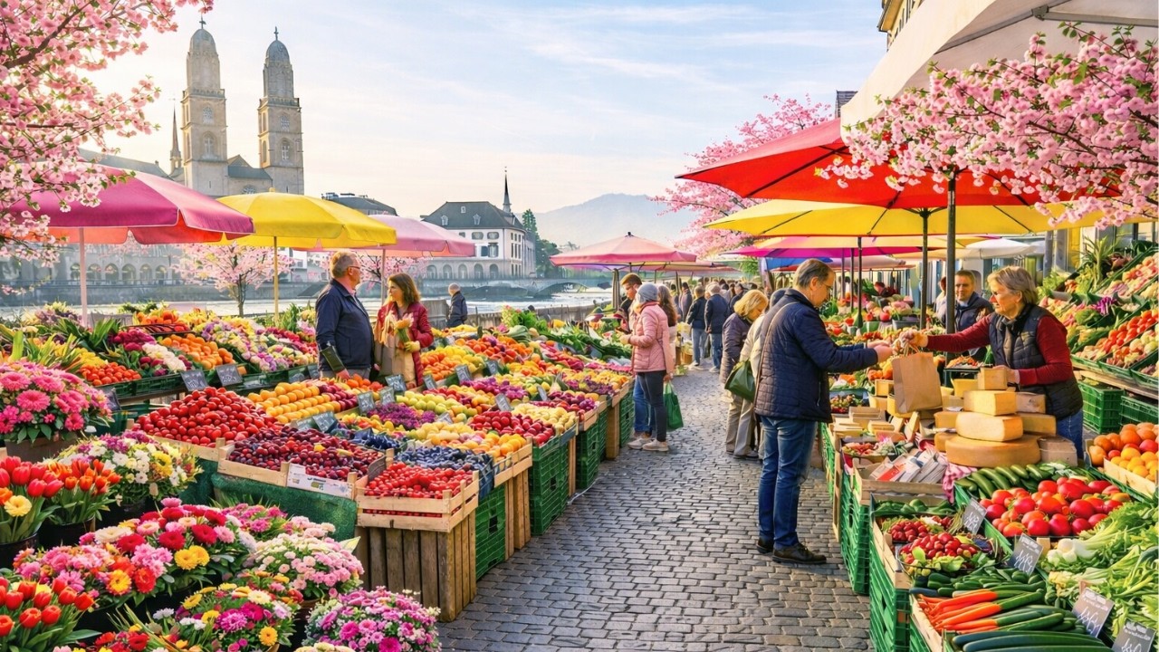 Весенний утренний рынок в Цюрихе 🇨🇭 | Расслабляющая 4K пешеходная экскурсия