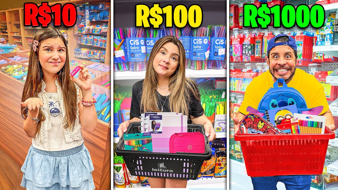 MATERIAL ESCOLAR DE R$10, R$100 E R$1.000 REAIS  *quem foi melhor?