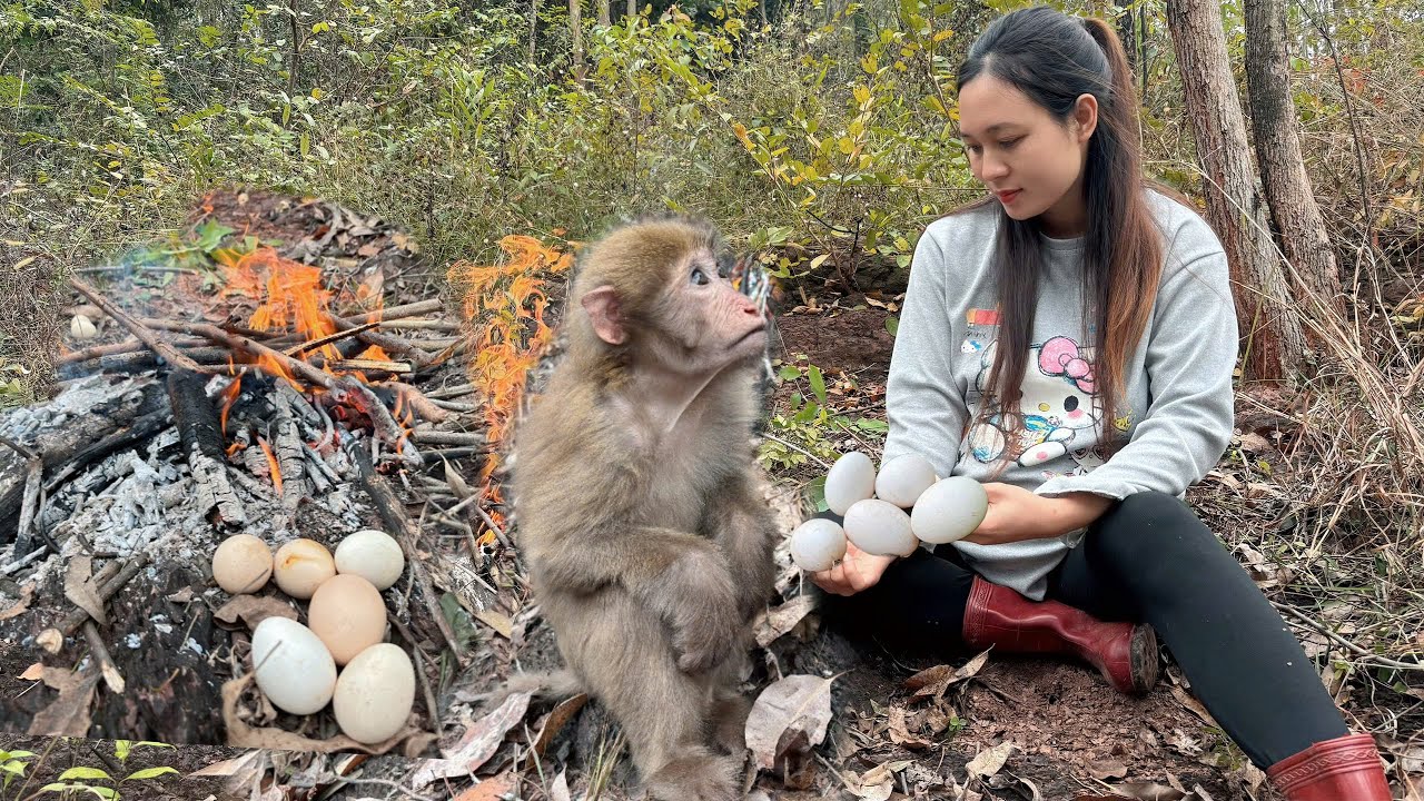 Rural life: Going into the forest with a little monkey to dig up tree roots in the middle of winter.