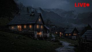 Warm Lights Beneath the Mountain 🌧️ Rain, Wind & Thunder in a Dark Misty Forest for Inner Peace
