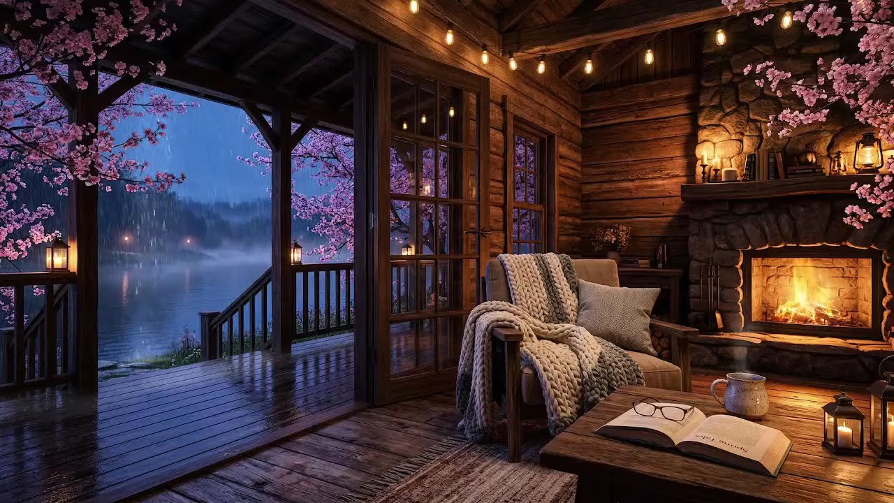 Rainy Spring Night in a Cozy Cabin 🌧️ Fireplace Ambience & Rain Sounds ...