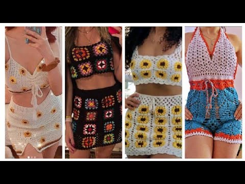 Stunning and stylish crochet vintage style granny square top and mini skirts