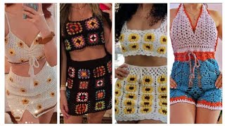 Stunning and stylish crochet vintage style granny square top and mini skirts