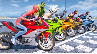 RACING SPIDERMAN MOTORCYCLES WITH SUPERHEROES - BIGGEST SUBMARINE OBSTACLE