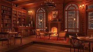 Winter Coffeehouse Ambience with Muffled Jazz Music Playing Slowly and Crackling Fireplace