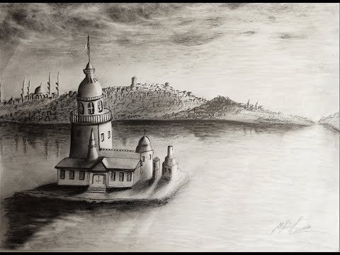 Kız Kulesi karakalem çizim, Manzara resmi çizimi. landscape painting, Drawing car. Pencil drawings.