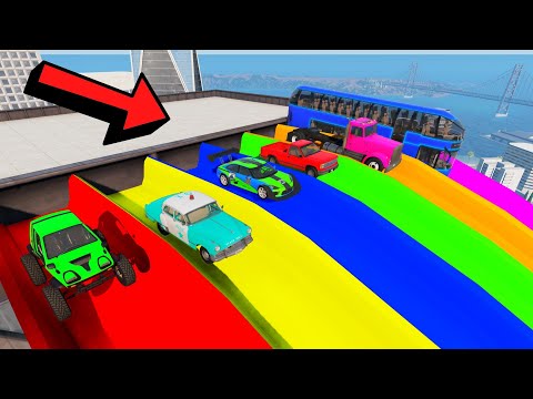 Cars vs Slide Color vs Portal ? - Long Cars Transport of Color High Fall - BeamNG Drive