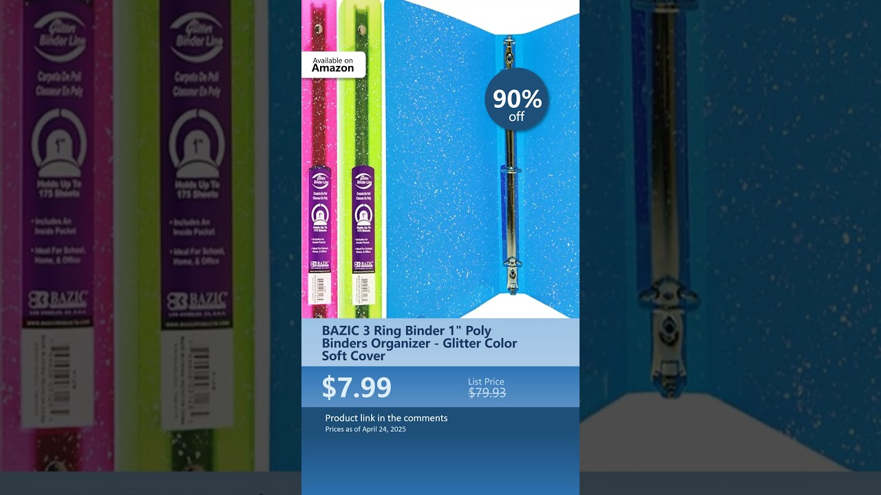 BAZIC 3 Ring Binder 1" Poly Binders Organizer - Glitter Color Soft Cover