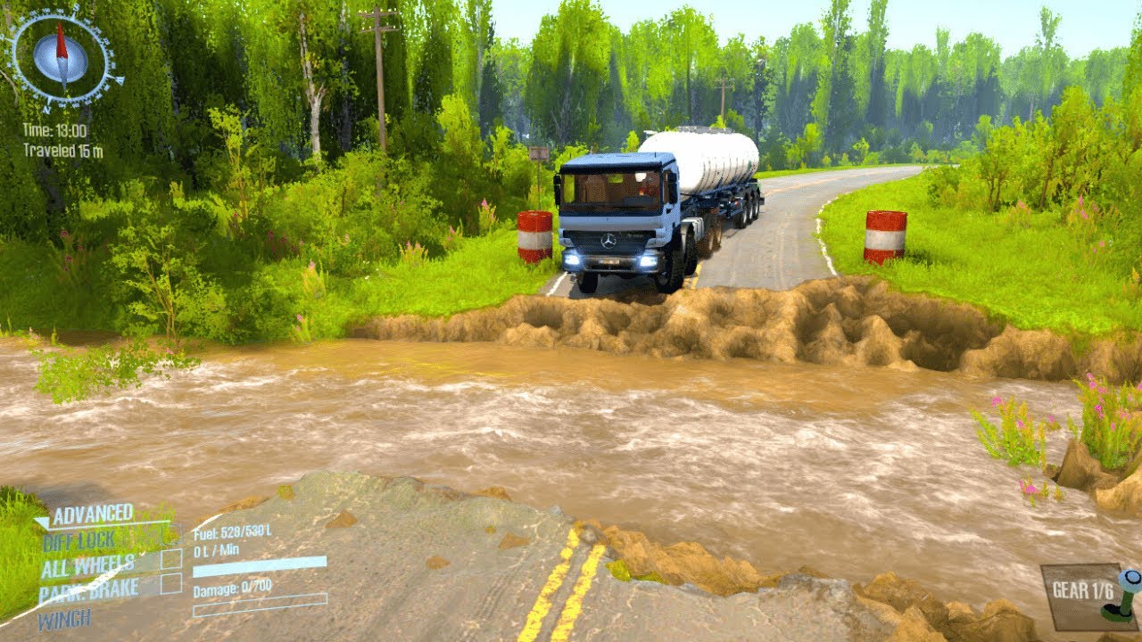Dangerous Road Adventure: Driver Navigates a Collapsed Bridge - Spintires Mudrunner 2018