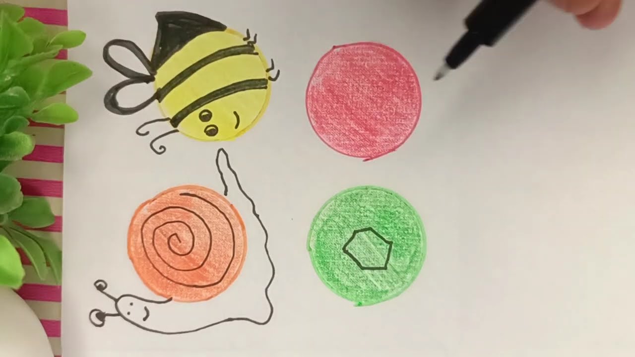 4 circles = 4 animals. How to draw snail,ladybird,bee,turtle with circles