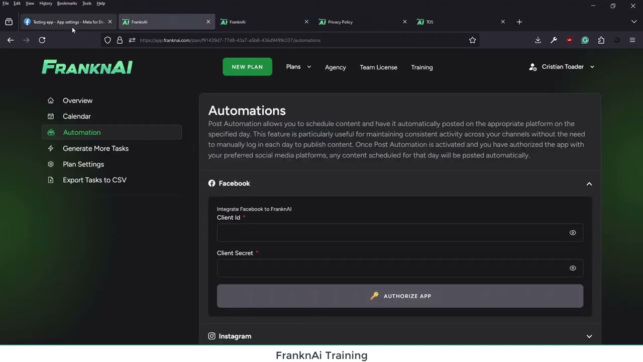 Integrando Facebook e Instagram con FranknAI