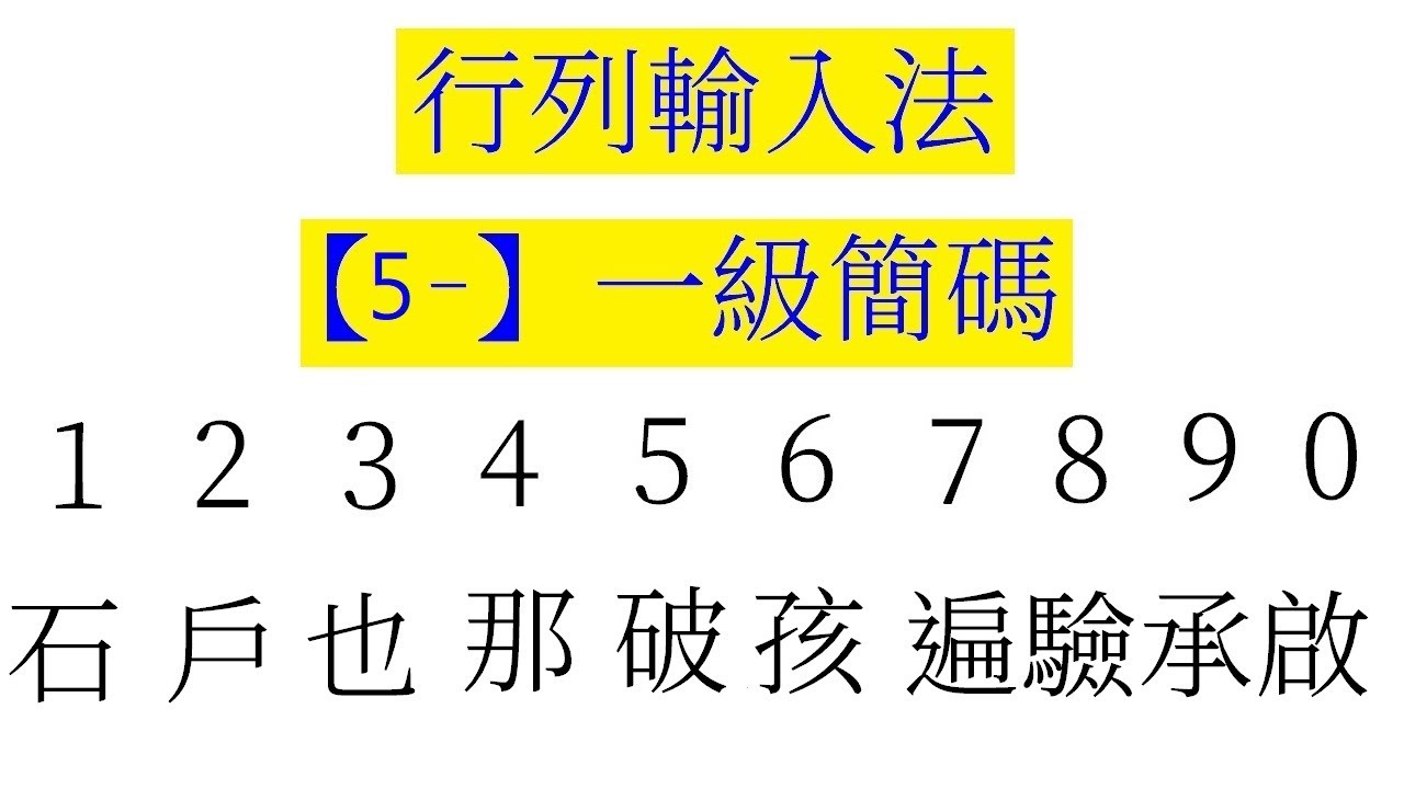 行列輸入法【5中】鍵位。10個一級簡碼介紹（含拆字）行列30（五中） - YouTube
