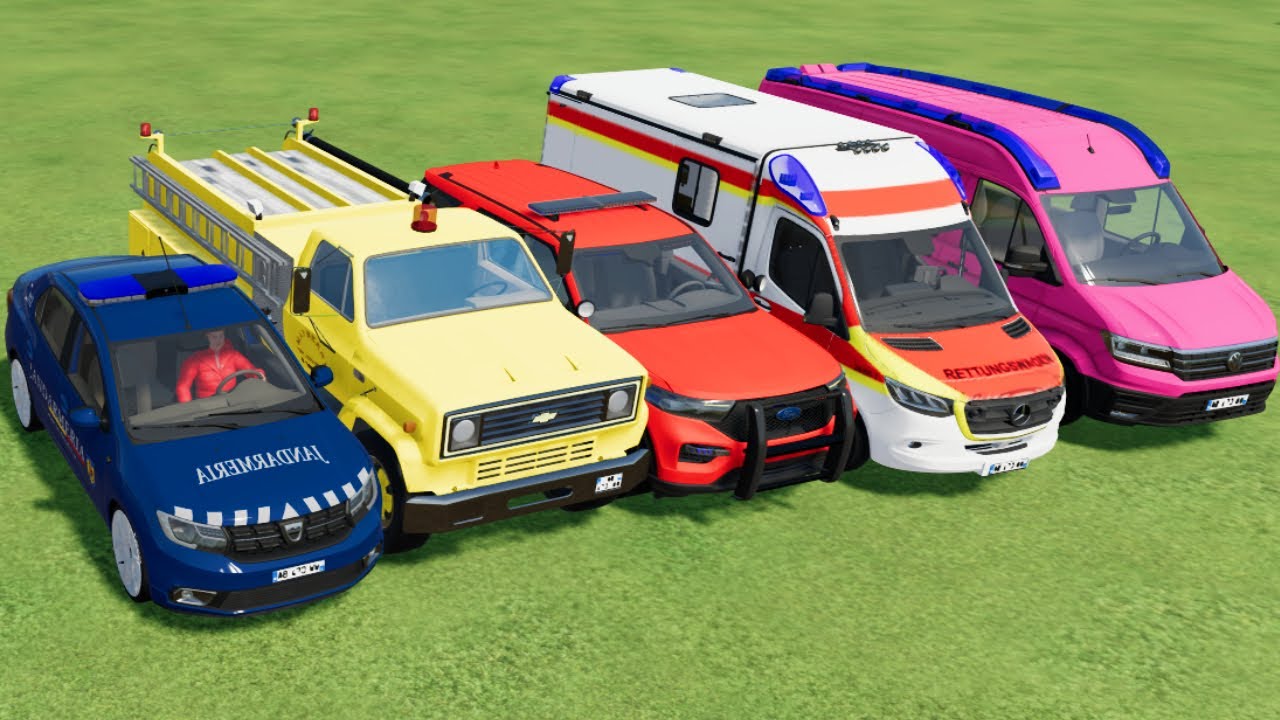 POLICE CARS, FIRE DEPARTMENT, AMBULANCE VEHICLES TRANSPORTING WITH MAN TRUCKS ! Farming Simulator 22