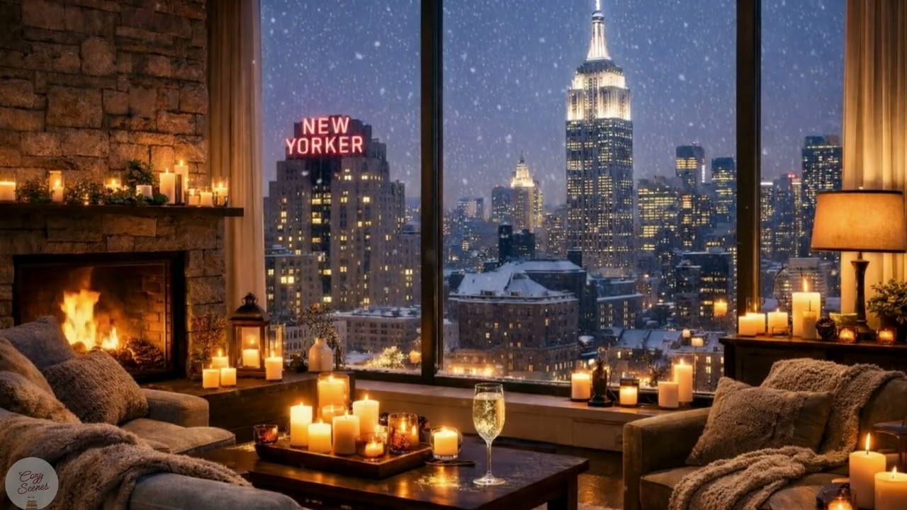 NYC Snowy Night in Cozy Apartment
