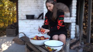 Woman lives in village. Cooking apple jam and pickling (fermented) apples. Rural pickling