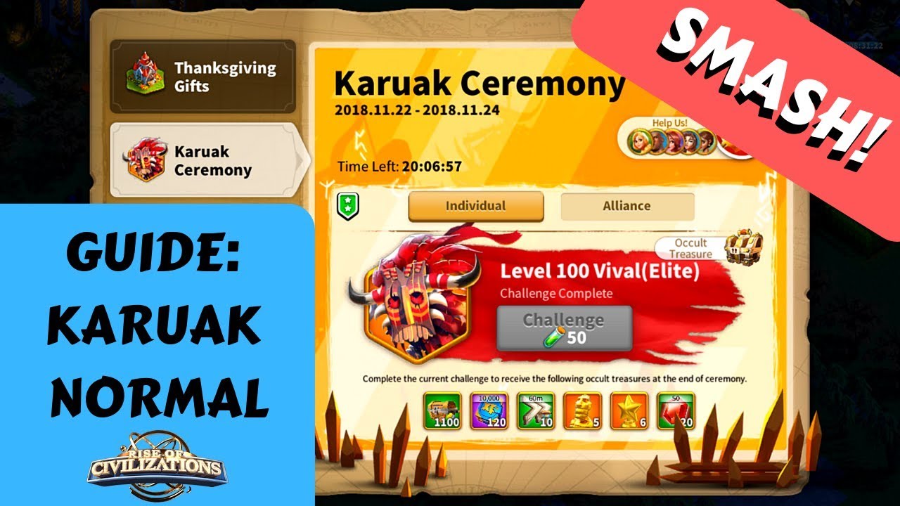 Smash Lvl 100 Karuak On Normal Difficulty Rise Of Kingdoms Rok Youtube