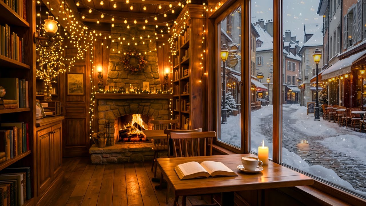 Cozy Winter Jazz Café ❄️ Coffee Shop Ambience with Fireplace Sounds for Study, Work, Relax