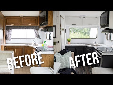 Our Diy Camper Kitchen Reveal How To Paint Oak Cabinets In An Rv