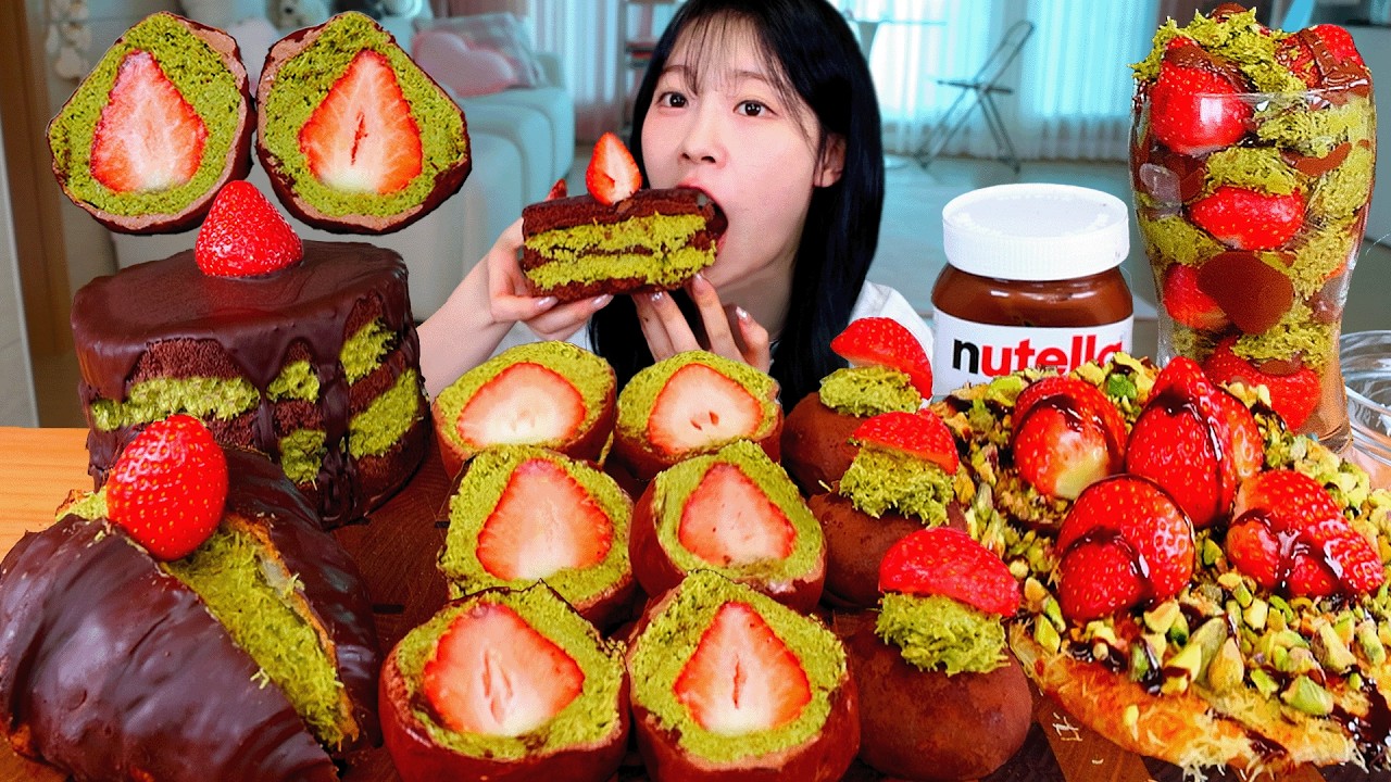 ASMR MUKBANG | Десерты Дубая с клубникой и шоколадом! Chewy Cookie, торт и кубинский сэндвич