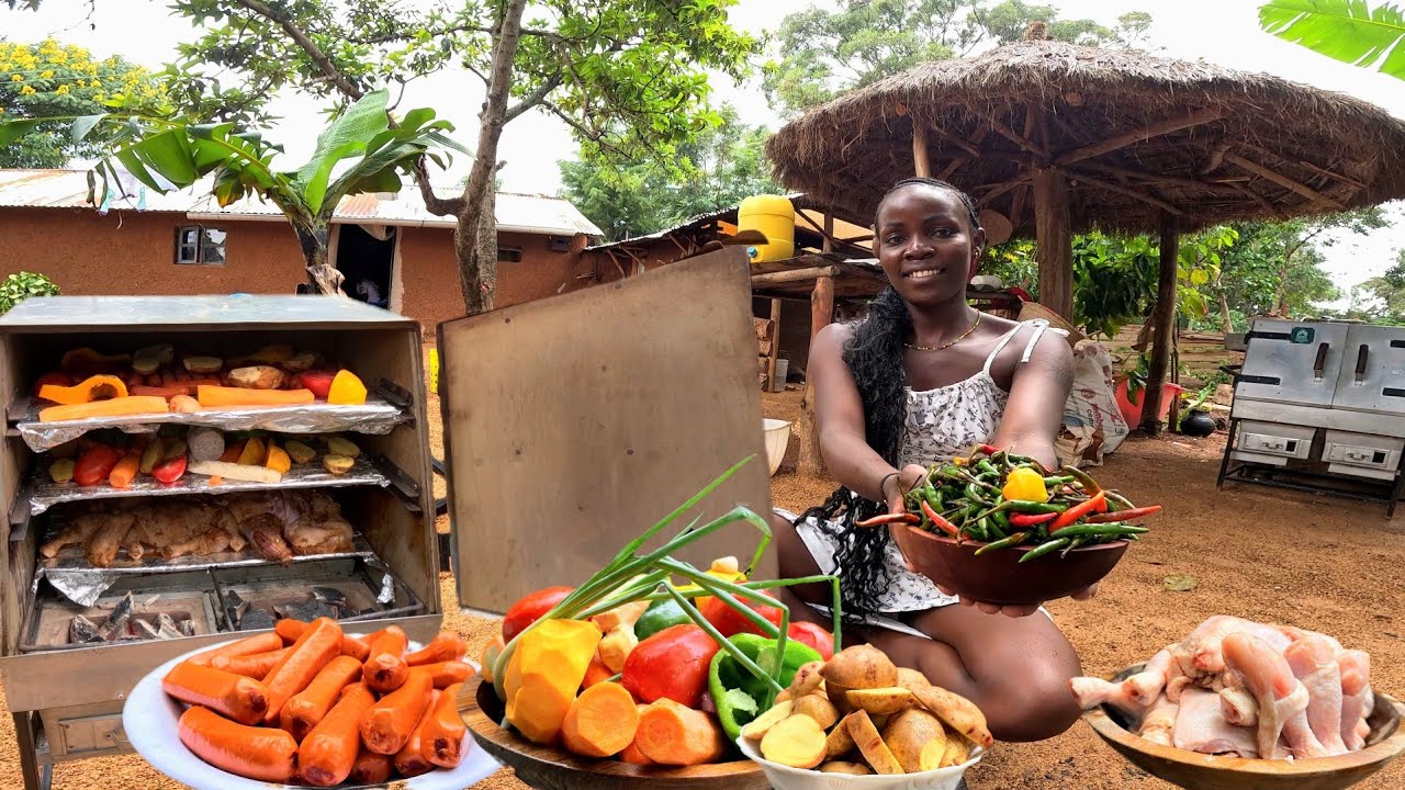 Rainy Day 🌧In AfricanVillage|  Charcoal Oven Grilling Vegetable Chicken & Goat Meat 🍖 😋 👌 