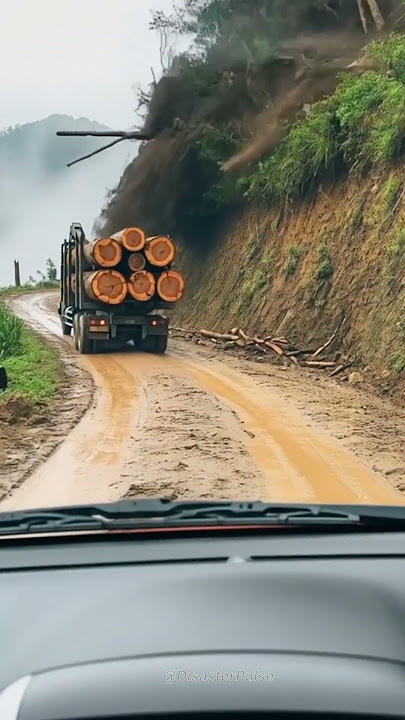 Massive Landslide Hits Truck on Steep Road! A Tense Moment! #shorts