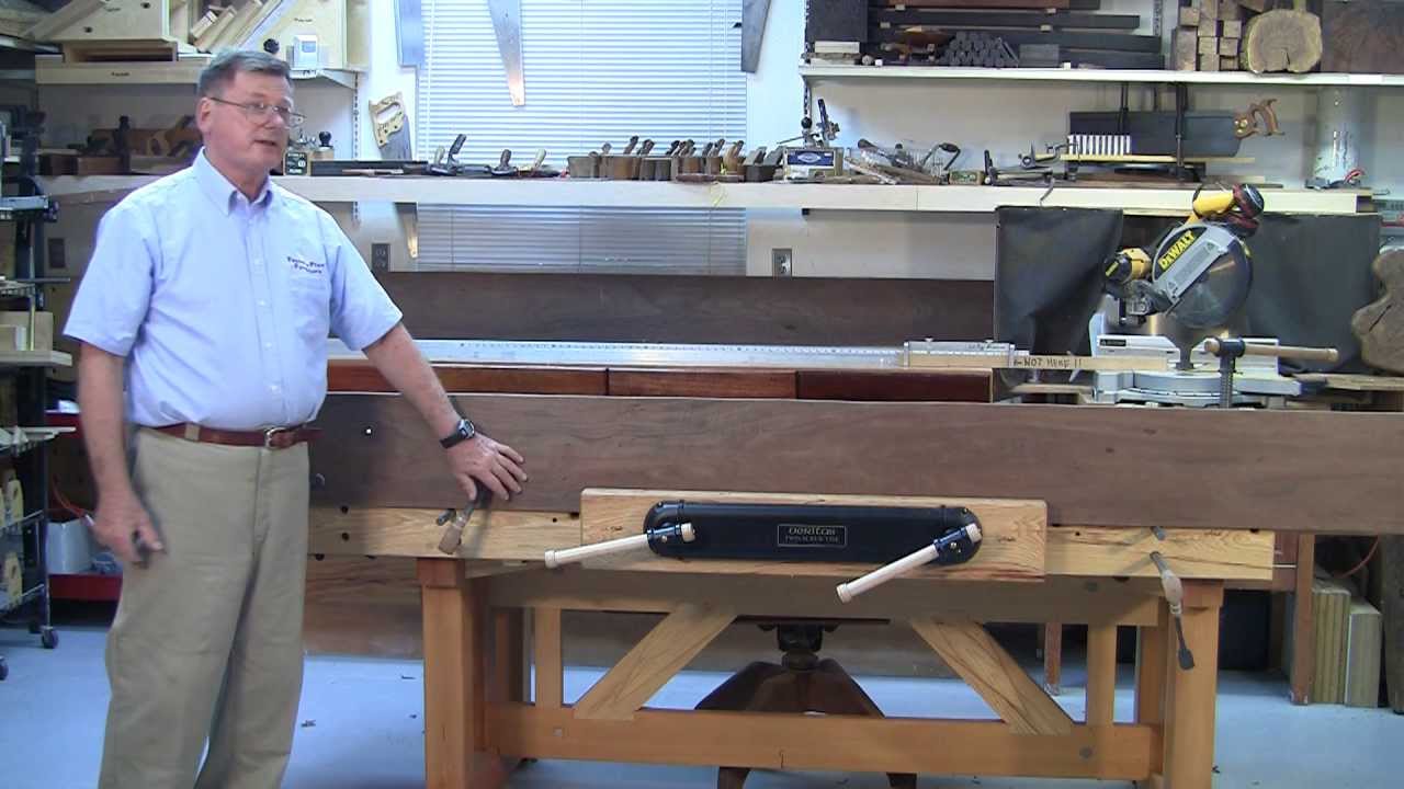 FOSTER WORKBENCH - using the VERITAS twin screw vise and front to hold long board.