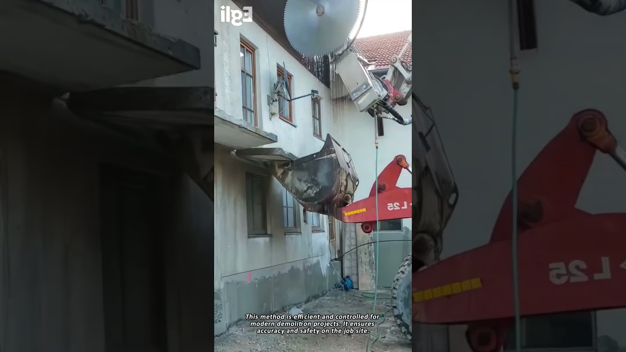 Powerful Excavator Saw Cutting Through Solid Concrete.