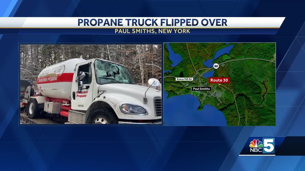 Propane truck flips over in Paul Smiths, New York - YouTube