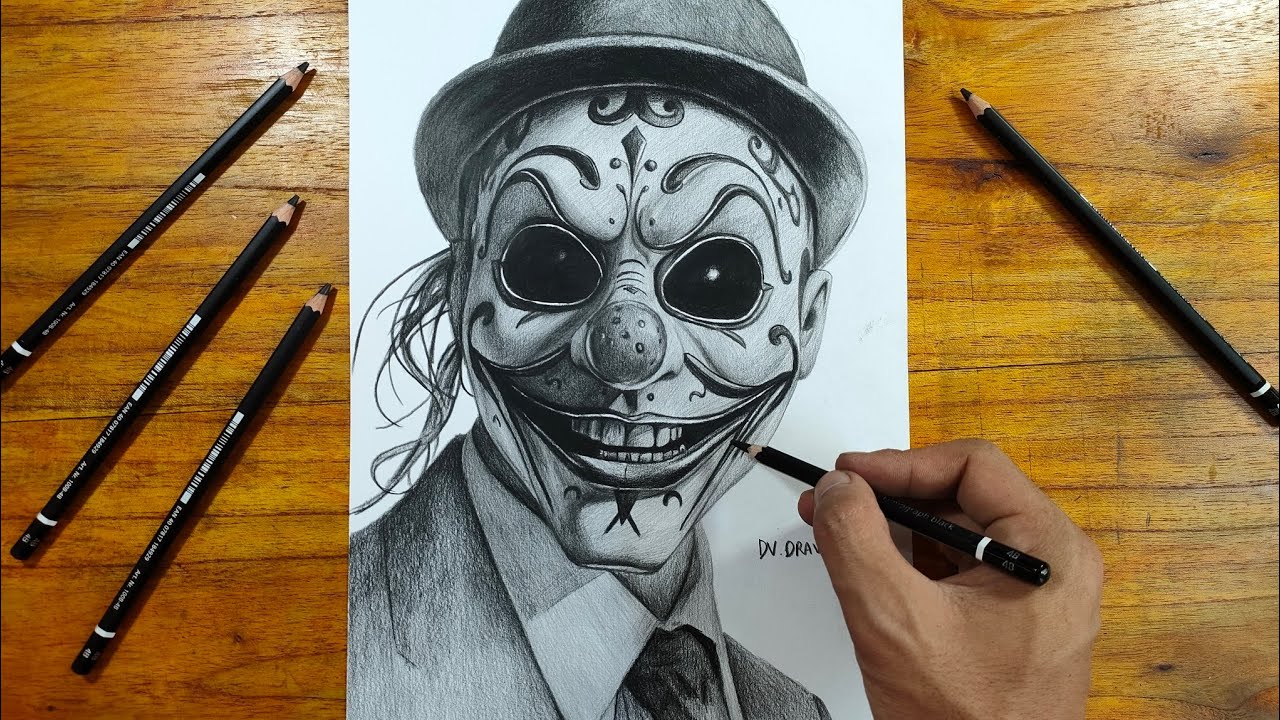 Drawing detailed black pencil clown