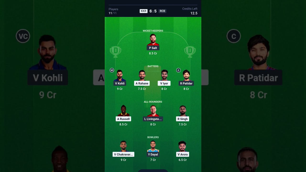 dream 11 100 percent winning team 22 march kkr vs rcb