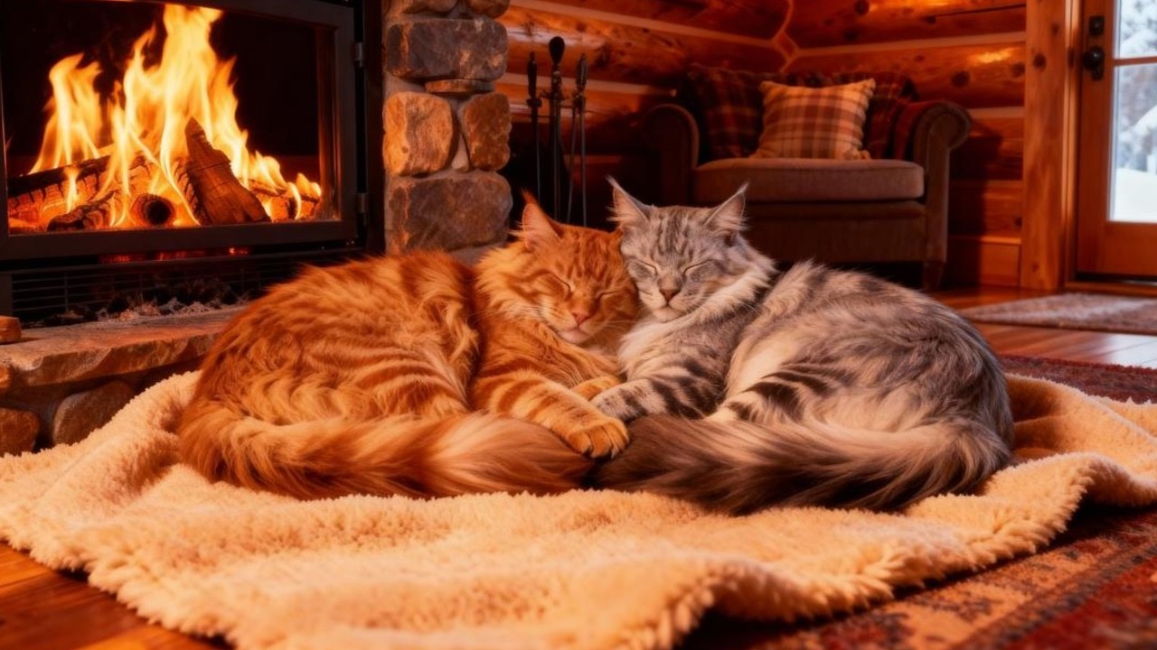 Winter Blizzard Outside, Cozy Fireplace & Sleeping Cat Inside