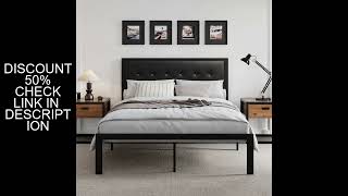 HOOMIC Metal Bed Frame, Upholstered Headboard with Square Stitched, Classic Button Tufted, Faux Leat