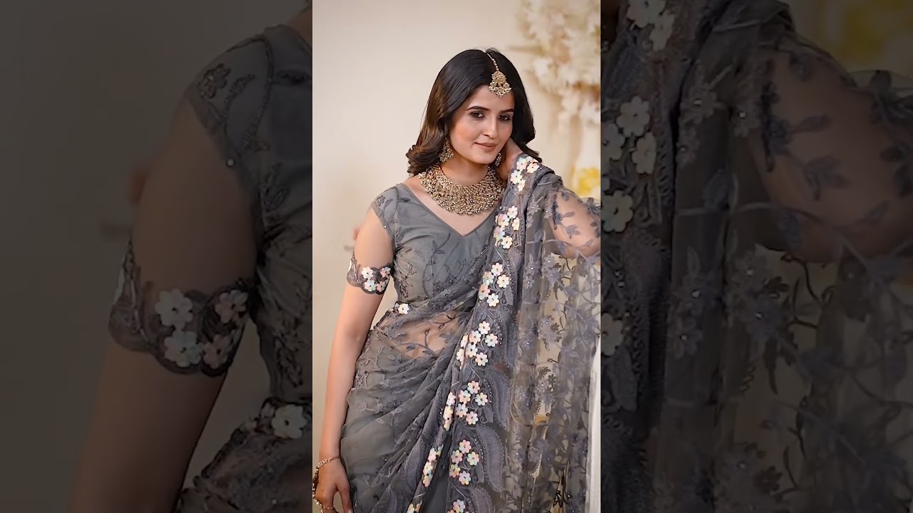 Gray Thread Embroidered Saree – Butterfly Net, Party Wear