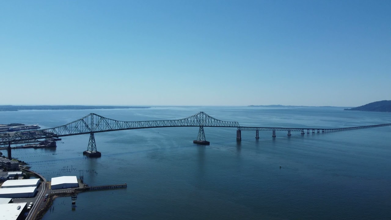 Astoria Bridge Oregon Side Aerial Drone View