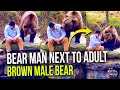 Bear man talking to adult brown male bear and feeding him treats