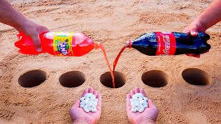 Experiment: Fanta and Coca Cola vs Mentos in different Holes Underground!