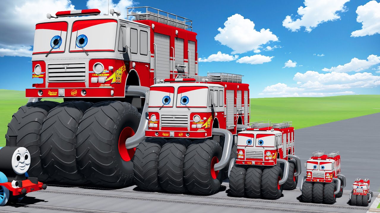 Big & Small FireTruck McQueen Spider Monster Vs Train | BeamNG.Drive