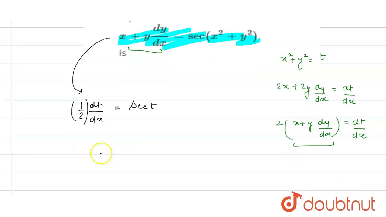 Solution of the differential equation `x+y(dy)/(dx)=sec(x^(2)+y^(2 ...
