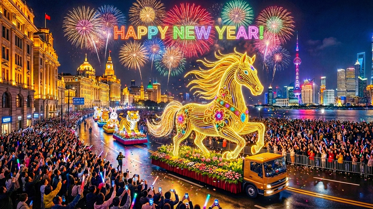 Праздничный парад в Шанхае в честь Нового года 2026 (4K) | Масштабный новогодний фейерверк 🎆