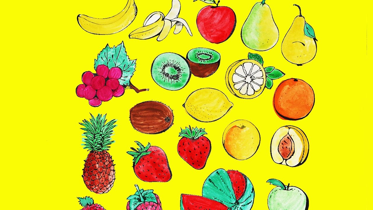 Drawing Fruits by Water Colors for Learning Colors and Coloring Pages Animals