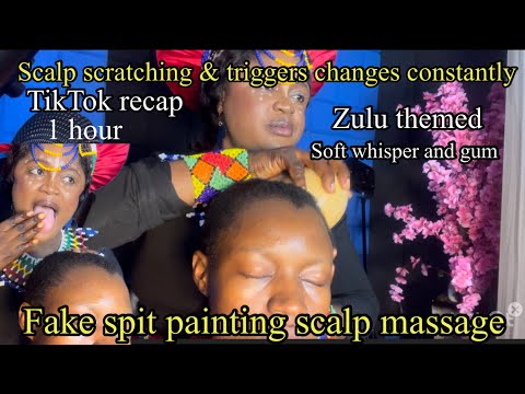 Asmr ✨whisper scalp oiling, scratching, fake spit painting, Zulu attire inspired with gum cracking.