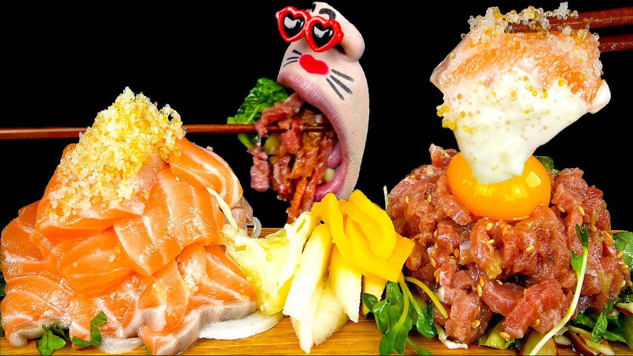 ASMR MUKBANG ) Salmon & Koreanstyle raw beef(YUKHOE) Eating Show