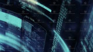 Background animation with scrolling lines of program code.