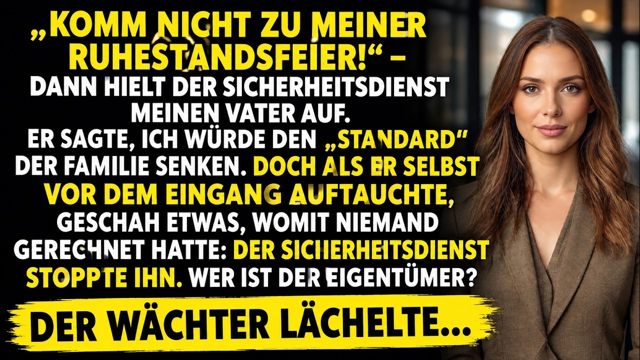 Drei Tage vor sinere Pensionierig het mir min Vater gseit, ich sölli nöd a sini Party cho. Ich ha em zueglost, im Wohnzimmer, woner im Sessel gsesse isch mit em Whisky i de Hand, und er het gseit:...