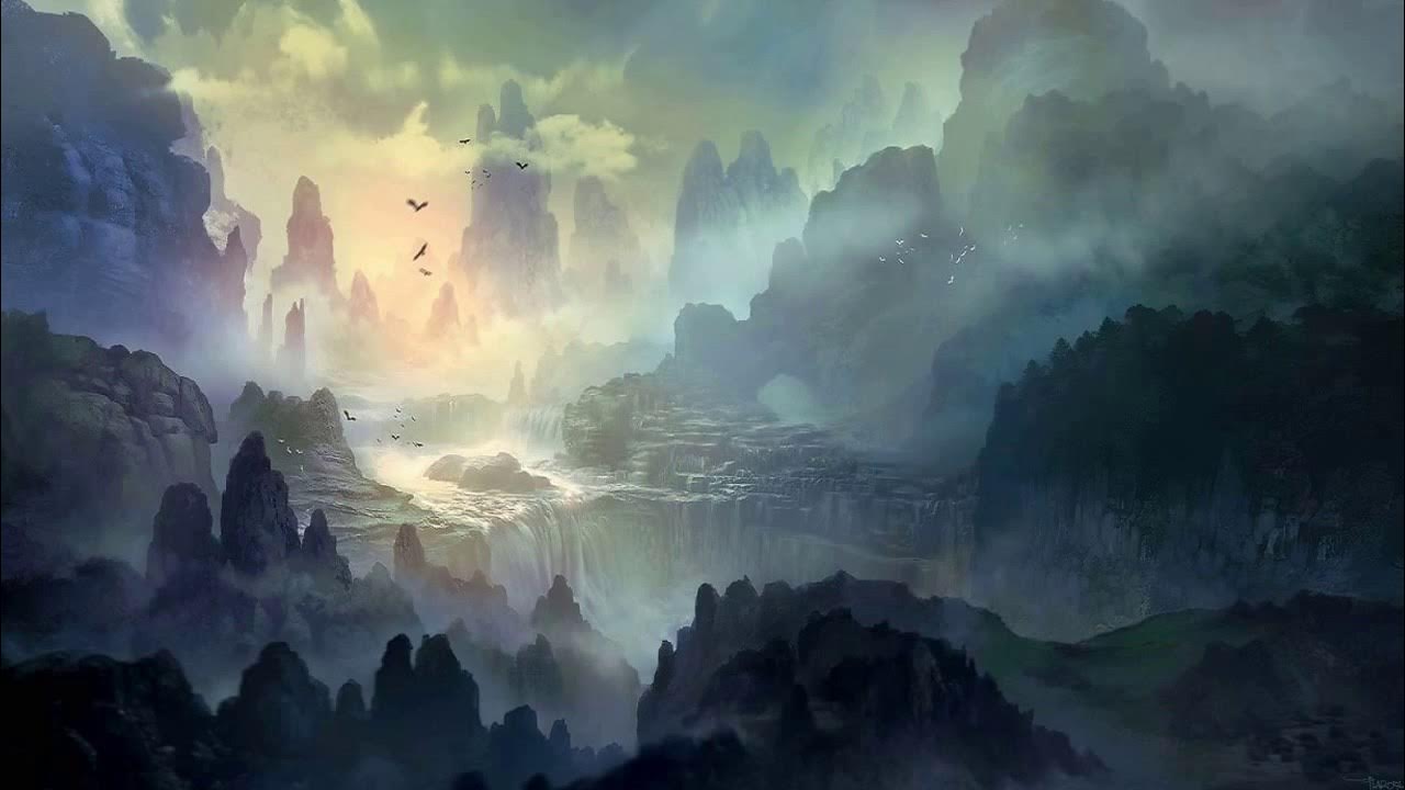 сумрачная долина. арт хоббит мглистые горы. мрачный лес. горы ветров средиземье. темное фэнтези.