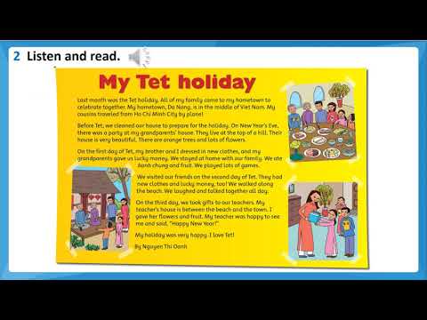 Lớp 4 - Tuần 27 - Tiếng Anh - Unit 11: In the museum - Lesson 5: Words: along, in the middle of, at the top of, between, inside. Reading comprehension (My Tet holiday) (page 84)
